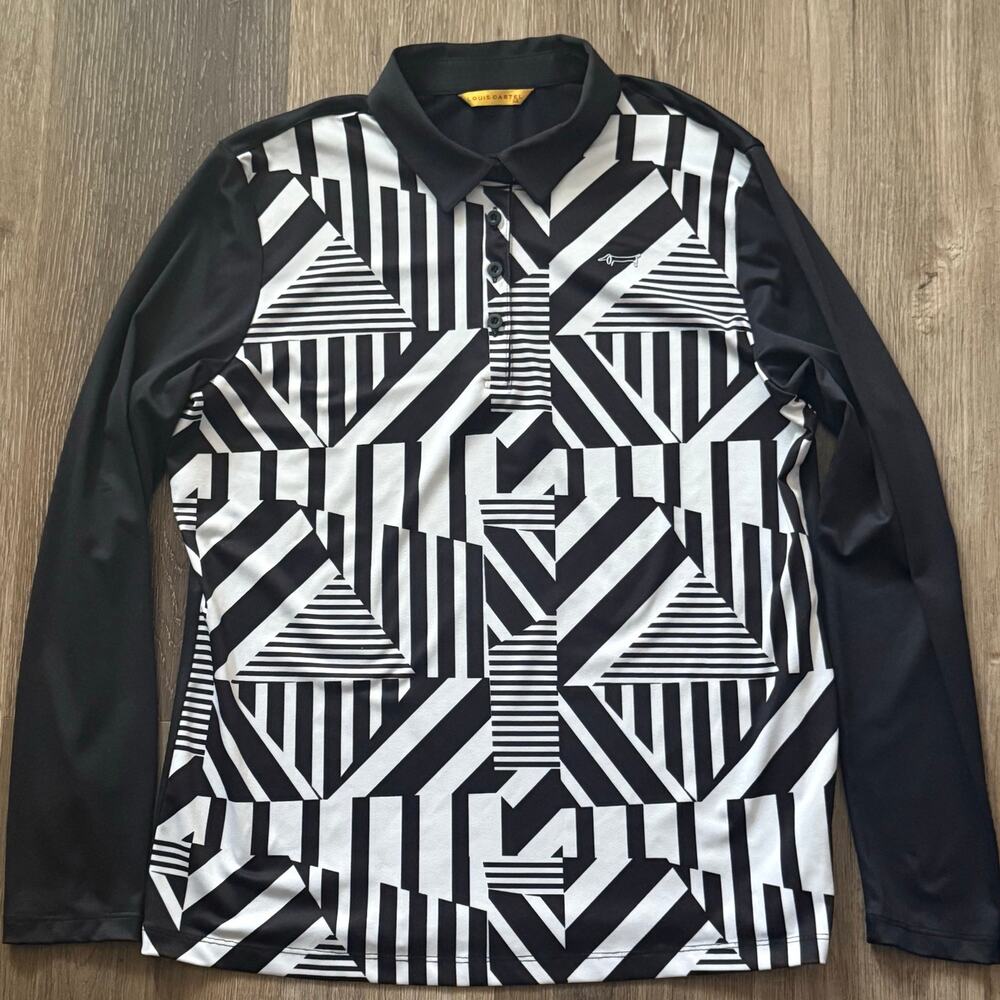 Louis Castel Men’s black/white geometric Long Sleeve Athletic Golf Polo sz 105